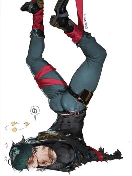 1boy ass ass_focus bdsm black_boots black_hair blush bondage boots bound commentary dizzy dog_tags jacket leather leather_jacket legs_up lighter_(zenless_zone_zero) male_focus runa_(nori31291404) scar scar_on_shoulder shoulder_spikes signature solo spiked_belt spiked_jacket spikes sunglasses symbol-only_commentary toned toned_male tongue tongue_out top-down_bottom-up upside-down white_background zenless_zone_zero