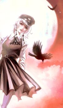 1girl bird black_dress black_hat chainsaw_man collared_shirt crow dress dromi999 earrings fami_(chainsaw_man) fourth_east_high_school_uniform hat highres jewelry long_sleeves medium_hair parted_lips peaked_cap red_eyes school_uniform shirt solo white_hair white_shirt