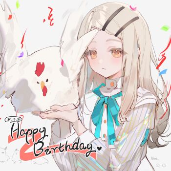 1girl animal aqua_bow aqua_bowtie bird blonde_hair bow bowtie chicken closed_mouth collared_shirt colored_eyelashes confetti cupping_hands dated expressionless gakuen_idolmaster gradient_hair grey_hair hair_ornament hairclip hajime_(idolmaster) hands_up happy_birthday hashtag-only_commentary highres holding holding_animal hue_0813 idolmaster long_hair long_sleeves looking_at_viewer multicolored_hair orange_eyes own_hands_together parallel_hairclips parted_bangs shinosawa_hiro shirt signature solo streamers upper_body white_background white_shirt