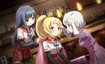 3girls aqua_eyes artist_request azusa_mifuyu black_scrunchie black_sleeves blanket blonde_hair blue_bow blue_bowtie blue_hair blush bow bowtie breast_pocket buttons center_frills collared_shirt couch covering_with_blanket cowboy_shot dress dutch_angle frills frown game_cg hair_horns hair_intakes hair_ornament hair_scrunchie hand_on_own_forehead happy high-waist_skirt high_collar high_ponytail highres holding holding_blanket indoors kamihama_university_affiliated_school_uniform lantern layered_sleeves living_room long_hair long_sidelocks long_sleeves looking_at_another magia_record:_mahou_shoujo_madoka_magica_gaiden mahou_shoujo_madoka_magica mahou_shoujo_madoka_magica_magia_exedra milk_carton miniskirt mizuna_girls&#039;_academy_school_uniform multiple_girls nanami_yachiyo nape_braid official_art on_couch parted_lips pink_eyes plaid_clothes plaid_skirt plate pleated_dress pleated_skirt pocket pointy_nose ponytail purple_dress red_sailor_collar red_skirt sailor_collar school_uniform scrunchie shelf shirt shirt_under_dress short_hair short_over_long_sleeves short_sleeves sick sidelocks sitting skirt sleeves_past_wrists square_neckline standing stool taking_temperature tareme togame_momoko very_long_hair wavy_hair white_hair white_shirt worried