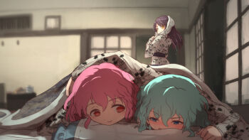 1boy 2girls aqua_hair arm_around_shoulder bad_id bad_pixiv_id bath_yukata blue_eyes blurry blurry_background blush braid commentary_request dorothy_west hair_down highres implied_incest implied_sex japanese_clothes kimono long_hair long_sleeves lying mole mole_under_eye multiple_girls on_stomach picture_frame pillow pink_eyes pink_hair pretty_series pripara purple_eyes reona_west ruru_ashihara ryokan shared_blanket short_hair side_braid smile toudou_shion towel towel_on_head trap under_covers yellow_eyes yukata