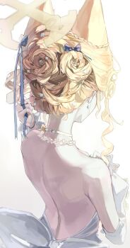 1girl alternate_costume alternate_hairstyle animal_ears back backless_dress backless_outfit bare_back bare_shoulders blonde_hair blue_archive bow braid choker commentary detached_sleeves dress earrings extra_ears flower flower_braid flower_necklace fox_ears fox_girl from_behind hair_bow hair_bun hairstyle_request highres holding holding_ribbon jewelry lazyramen necklace purple_bow ribbon seia_(blue_archive) solo white_choker white_dress