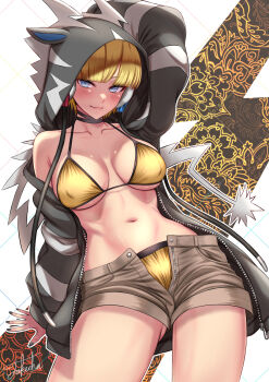 1girl bikini black_jacket blonde_hair blue_eyes blunt_bangs breasts breasts_apart brown_shorts cable collarbone commentary_request cosplay covered_erect_nipples earphones elesa_(pokemon) gen_5_pokemon gluteal_fold highres hood hooded_jacket hoodie jacket jacket_over_swimsuit kigurumi medium_breasts navel nintendo pokemon pokemon_bw shorts solo swimsuit takecha thighs yellow_bikini zebstrika