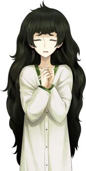 Rule 34 | 1girl, blunt bangs, button dress, closed eyes, collar, collarbone, dress, facing viewer, fingernails, flat chest, game cg, green collar, green hair, green trim, hiyajou maho, huke, large variant set, long hair, messy hair, no jacket, official art, open mouth, own hands together, sad, science adventure, solo, sprite, steins;gate, steins;gate 0, tearing up, transparent background, variant set, very long hair, white dress