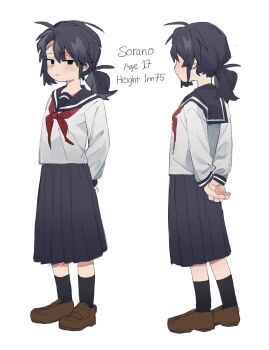 1girl arms_behind_back black_hair black_skirt blush closed_mouth ezier highres kneehighs loafers long_hair long_sleeves multiple_views neckerchief original pleated_skirt ponytail sailor_collar school_uniform serafuku shirt shoes skirt socks standing white_background