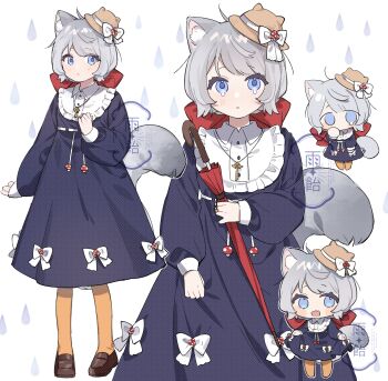 1girl :d :o ahoge ame_ame animal_ears animal_hat artist_name blue_dress blue_eyes blush blush_stickers bow brown_hat brown_shoes cat_ears cat_girl cat_hat cat_tail chibi closed_mouth dress dress_bow full_body grey_hair hat highres holding holding_umbrella long_sleeves looking_at_viewer mini_hat multiple_views open_mouth orange_pantyhose original pantyhose parted_lips red_bow red_umbrella shoes short_hair simple_background smile standing tail umbrella white_background white_bow