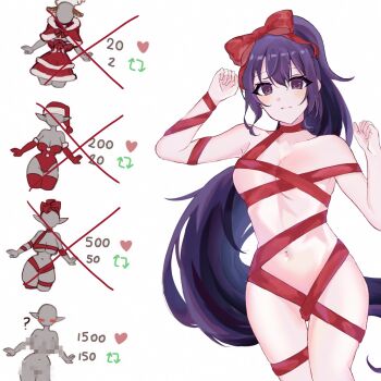 1girl arurin_nor asahina_mafuyu bare_shoulders blush bound bow breasts closed_mouth collarbone commentary convenient_censoring cowboy_shot english_commentary hair_between_eyes hair_bow hands_up high_ponytail highres large_breasts long_hair looking_at_viewer naked_ribbon navel ponytail project_sekai purple_eyes purple_hair red_bow red_ribbon ribbon sidelocks simple_background solo standing stomach twitter_strip_game very_long_hair white_background