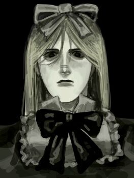1girl artist_name axis_powers_hetalia belarus_(hetalia) black_background bow bowtie closed_mouth collared_dress dress empty_eyes frills gee_(marshmallowchez) greyscale hair_between_eyes hair_bow highres lips long_hair looking_at_viewer monochrome simple_background solo upper_body