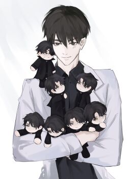 1boy black_eyes black_hair black_shirt character_doll clone coat collared_shirt crossed_arms doll emosunfish highres kim_dokja looking_at_viewer mini_person miniboy multiple_persona omniscient_reader&#039;s_viewpoint open_clothes open_coat popped_collar shirt short_hair too_many_clones upper_body white_coat yoo_joonghyuk yoo_joonghyuk_(999th_turn)