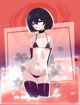 1girl :< arms_behind_back artist_name azmcch bare_shoulders bikini black_bikini black_eyes black_flower black_gloves black_hair black_thighhighs bob_cut border breasts closed_mouth collarbone commentary cowboy_shot elbow_gloves empty_eyes english_commentary flower gloves groin hair_between_eyes highres hydrangea looking_at_viewer lowleg lowleg_bikini midriff monogatari_(series) narrowed_eyes navel ocean oshino_ougi outdoors outline outside_border pale_skin partially_submerged raised_eyebrows red_border red_sky red_theme russian_commentary shiny_skin short_hair side-tie_bikini_bottom signature sky small_breasts smug solo splashing standing string_bikini swimsuit thighhighs toned toned_female turning_head underboob variant_set wading water white_outline