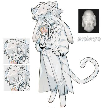 1boy adoptable bat_boy bat_wings blue_eyes coat colored_eyelashes colored_skin commentary dilnyan03 english_commentary fang full_body furry furry_male hand_in_pocket highres horns id_card lab_coat lanyard male_focus multiple_views original reference_inset shirt short_hair simple_background skin_fang slit_pupils solo standing stitched_neck stitches tail white_background white_coat white_hair white_shirt white_skin wings wings_over_eyes