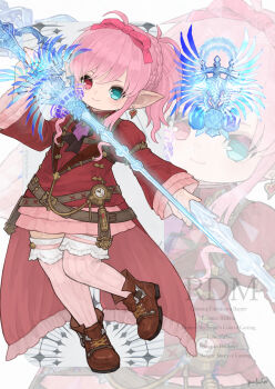 Rule 34 | 1girl, absurdres, ahoge, aqua eyes, arm belt, artist name, ascot, belt, belt buckle, black ascot, blue flower, blue rose, boots, bow, braid, brown belt, brown boots, buckle, chest harness, closed mouth, coat, commentary request, curly sidelocks, earrings, final fantasy, final fantasy xiv, floating, floating object, flower, frilled coat, frilled sleeves, frills, full body, glowing, glowing weapon, hair bow, hand up, harness, heart, heart earrings, heterochromia, highres, holding, holding sword, holding weapon, jewelry, knees together feet apart, lalafell, lapels, layered skirt, looking at viewer, miniskirt, multiple belts, pink bow, pink hair, pink skirt, pink socks, pointy ears, ponytail, ponytail with braided base, puluie, purple ascot, rapier, red coat, red eyes, red mage (final fantasy), rose, short hair, sidelocks, skirt, smile, socks, solo, standing, standing on one leg, stopwatch, striped clothes, striped socks, sword, tailcoat, thighhighs, twitter username, warrior of light (ff14), watch, weapon, weapon name, winged weapon, zoom layer