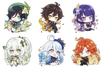 +_+ 2boys 4girls :d ;d absurdres ahoge antenna_hair bard bare_shoulders black_gloves black_hair black_jacket black_pants black_shoes black_thighhighs blue_bow blue_bowtie blue_eyes blue_hat blue_jacket blue_shoes blue_streaks blunt_bangs blush boots bow bowtie braid brown_coat brown_hair brown_shoes cake cake_slice cape chibi chibi_only chinese_commentary closed_mouth coat commentary_request cup dango double-parted_bangs dress earrings floating floating_object flower food full_body furina_(genshin_impact) genshin_impact gloves gradient_hair green_cape green_eyes green_hat green_shorts green_streaks hand_up hat hat_flower heterochromia highres holding holding_cup holding_food holding_instrument holding_saucer index_finger_raised instrument jacket japanese_clothes jewelry kimono leaf long_hair long_sleeves looking_at_viewer lyre mavuika_(genshin_impact) multicolored_hair multiple_boys multiple_girls nahida_(genshin_impact) obi one_eye_closed open_mouth orange_pupils pants pantyhose parted_bangs purple_eyes purple_hair purple_kimono raiden_shogun red_eyes red_hair sanshoku_dango sash saucer shirt shoes short_hair_with_long_locks short_sleeves shorts side_braids simple_background sitting smile socks sparkle standing streaked_hair sun_earrings symbol-shaped_pupils teacup thigh_strap thighhighs twin_braids venti_(genshin_impact) wagashi white_background white_boots white_dress white_flower white_gloves white_hair white_pantyhose white_shirt white_socks wide_sleeves yellow_eyes yezhi zhongli_(genshin_impact)