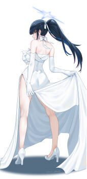 1girl absurdres arms_behind_back artist_name back bare_shoulders black_hair blue_archive blue_eyes blue_hair blue_halo blush bow breasts choker closed_mouth clothes_lift colored_inner_hair commentary_request dated dress dress_lift elbow_gloves eyelashes film_grain floating_hair from_behind full_body gloves hair_ribbon halo high_heels highres kneepits large_breasts lifting_own_clothes long_dress long_hair looking_at_viewer looking_back multicolored_hair no_socks official_alternate_costume official_alternate_hairstyle ponytail profile ribbon saori_(blue_archive) saori_(dress)_(blue_archive) shangdi_de_fa_zhang shoes side_slit sideboob sideways_glance simple_background smile solo standing strapless strapless_dress thighs tsurime two-tone_hair white_background white_bow white_choker white_dress white_gloves white_ribbon white_shoes