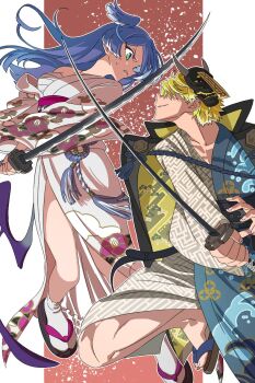 Rule 34 | 1boy, 1girl, alternate costume, anime coloring, belt, black jacket, black sash, black shoes, blonde hair, blue hair, blue kimono, blue rope, blue wings, breasts, buckle, charm (object), chest sarashi, clenched teeth, covered eyes, diamond-shaped pupils, diamond (shape), duel, egasumi, elira pendora, facing another, feathered wings, fighting, floating hair, floral print, floral print kimono, green eyes, grin, hadanugi dousa, hair over eyes, hair over one eye, head wings, highres, holding, holding sword, holding weapon, jacket, jacket on shoulders, japanese clothes, katana, kimono, kojitsunagi (pattern), long hair, long sleeves, looking at another, low wings, mask, mask on head, medium breasts, mixed-sex combat, multicolored hair, multicolored jacket, nijisanji, nijisanji en, npppiyo, obi, obijime, ofuda, okobo, oni mask, open clothes, open kimono, outline, pink sash, platform sandals, print jacket, print kimono, purple wings, rope, sandals, sarashi, sash, shippou (pattern), shoes, side slit, single bare leg, single bare shoulder, skeletal wings, smile, socks, sonny brisko, squatting, sweatdrop, sword, sword fight, symbol-shaped pupils, tabi, tassel, teeth, turning head, two-tone hair, two-tone jacket, two-tone kimono, v-shaped eyebrows, virtual youtuber, weapon, white kimono, white outline, white socks, wide sleeves, wings, yellow jacket, yukata