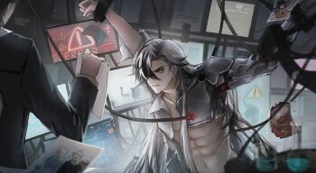 2boys abs absurdres angry black_eyes black_hair black_jacket blazer boothill_(honkai:_star_rail) bright_pupils cable clenched_teeth collared_shirt cuffs cyborg experiment eyelashes furrowed_brow hair_over_one_eye half-shirt highres holding holding_paper holographic_monitor honkai:_star_rail honkai_(series) indoors jacket laboratory layered_sleeves light_particles long_hair long_sleeves looking_at_another male_focus meng_qiao multicolored_hair multiple_boys navel paper pectoral_cleavage pectorals photo_(object) red_pupils restrained shackles shirt short_hair sign solo_focus stomach streaked_hair teeth torn_clothes torn_shirt two-tone_hair very_long_hair warning_sign white_hair white_shirt