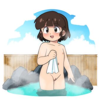1girl blush brown_eyes brown_hair cloud collarbone fence flat_chest holding holding_towel loli looking_to_the_side navel nipples nude onsen open_mouth original pussy rock short_hair sky smile standing steam towel wading water wooden_fence yume_yoroi