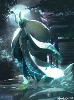 absurdres black_sclera blue_eyes blue_sclera bo_(bouillustration) colored_sclera froslass full_body full_moon gen_4_pokemon highres horns ice looking_at_viewer mega_froslass mega_pokemon moon night night_sky nintendo no_humans outdoors pokemon pokemon_(creature) pokemon_focus reflection reflective_liquid sky solo torii tree water