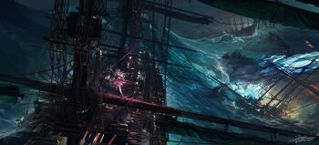 1girl absurdres arknights black_boots black_dress black_gloves boots dress gloves grey_hair highres holding holding_sword holding_weapon irene_(arknights) long_hair milktea_wegan ocean on_ship pantyhose rapier sailing_ship ship signature storm sword twitter_username watercraft weapon white_pantyhose