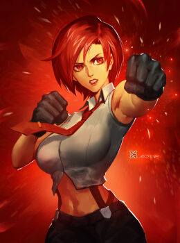 1girl breasts curvy female_focus gloves huge_breasts large_breasts mist_xg pale_skin pants red_eyes red_hair shirt short_hair the_king_of_fighters thick_thighs thighs vanessa_(kof) white_shirt wide_hips xgmist