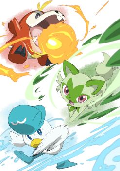 :d blue_eyes blurry bright_pupils commentary_request fangs fire fuecoco highres leaf motion_blur nintendo no_humans open_mouth pokemon pokemon_(creature) quaxly red_eyes smile sprigatito starter_pokemon_trio tongue water water_drop white_pupils yusuke_oshida