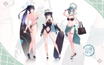 Rule 34 | 3girls, absurdres, alternate costume, animal ears, ass, bikini, black bikini, black hair, black one-piece swimsuit, black shoes, blue archive, blue halo, breasts, colored inner hair, commentary, dragon print, english commentary, from behind, full body, green hair, green halo, grey halo, halo, high heels, highres, holding, holding surfboard, kisaki (blue archive), long hair, mina (blue archive), multicolored hair, multiple girls, navel, one-piece swimsuit, print one-piece swimsuit, shoes, shun (blue archive), surfboard, swimsuit, tiger ears, tiger girl, zennyxd