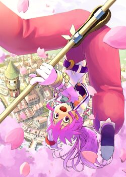 1girl arche_klein broom broom_riding cherry_blossoms commentary_request flying long_hair looking_at_viewer open_mouth petals ponytail purple_eyes purple_hair scenery smile solo tales_of_(series) tales_of_phantasia toraneko town upside-down