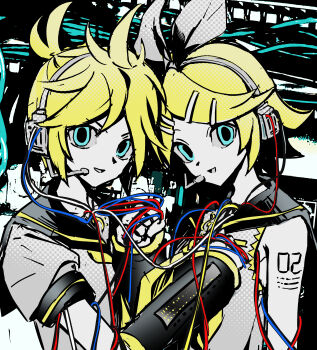 1boy 1girl :d absurdres bass_clef black_sailor_collar blonde_hair blue_eyes bow cable colored_skin detached_sleeves empty_eyes grey_tongue hair_bow harari headset highres kagamine_len kagamine_rin looking_at_viewer open_mouth puffy_sleeves sailor_collar shoulder_tattoo smile tattoo treble_clef upper_body vocaloid white_bow white_skin yellow_trim