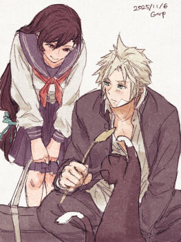 1boy 1girl artist_name bag bandaid bandaid_on_cheek bandaid_on_face bent_over black_hair black_jacket black_pants blonde_hair blue_eyes blue_sailor_collar blue_scrunchie blue_skirt breasts cat closed_mouth cloud_strife cloud_strife_(midgard_seventh_high_school) collared_shirt dated delinquent feet_out_of_frame final_fantasy final_fantasy_vii final_fantasy_vii:_ever_crisis gakuran grey_bag hair_between_eyes hair_ornament hair_scrunchie highres holding holding_bag jacket light_blush long_hair low-tied_long_hair medium_breasts necktie official_alternate_costume pants parted_bangs pulupulupoodle red_eyes red_necktie sailor_collar school_uniform scrunchie shirt short_hair sketch skirt smile spiked_hair squatting tifa_lockhart tifa_lockhart_(midgard_seventh_high_school) white_background white_shirt