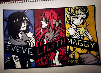 3girls bible_(object) bird black_hair blindfold blonde_hair candle character_name cross demon_boy demon_horns eve_(the_binding_of_isaac) hair_over_one_eye highres horns koreneko lilith_(the_binding_of_isaac) long_hair maggy_(the_binding_of_isaac) marker_(medium) multiple_girls multiple_persona red_hair short_hair sketch sketchbook tattoo the_binding_of_isaac traditional_media typo