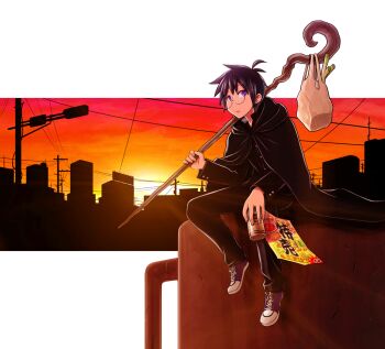 1boy bag black_hair can city cloak evening flyer gakuran holding holding_can holding_staff male_focus original over_shoulder plastic_bag purple_eyes round_eyewear sasaki_(sasaki1de0) school_uniform short_hair sitting solo spring_onion staff twilight