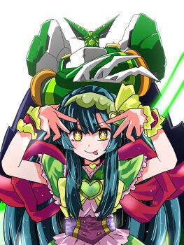 Rule 34 | 1girl, :p, bow, bowtie, capelet, closed mouth, getter robo, green bow, green bowtie, green capelet, green hair, hashtag-only commentary, highres, hoshino ai's pose, long hair, looking at viewer, mecha, mechanization, oshi no ko, parody, pink shirt, purple sash, robot, sash, shirt, simple background, smile, solo, star-shaped pupils, star (symbol), symbol-shaped pupils, tongue, tongue out, touhoku kiriko, touhoku zunko, upper body, very long hair, voiceroid, white background, wrist cuffs, yellow eyes, zundamon