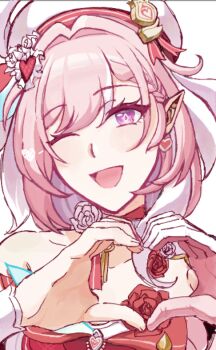 Rule 34 | 1girl, ;o, beret, breasts, commentary request, diamond-shaped pupils, diamond (shape), dress, elf, elysia (hi love elf) (honkai impact), elysia (honkai impact), hat, honkai (series), honkai impact 3rd, long hair, looking at viewer, maru i 00, multicolored hair, one eye closed, paint chat (medium), pink hair, pointy ears, purple eyes, red dress, simple background, smile, solo, symbol-shaped pupils, two-tone hair, upper body, very long hair, white background, white hair