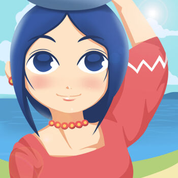 1girl arm_up beach bead_necklace beads blue_eyes blue_hair blue_sky cloud commentary_request day earrings jamesjoji jewelry looking_at_viewer medium_hair mountainous_horizon necklace nintendo ocean outdoors partial_commentary pot_on_head sky smile solo sue-belle the_legend_of_zelda the_legend_of_zelda:_the_wind_waker