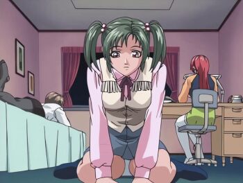 00s 2002 3girls animated animated_gif bed bedroom bible_black bible_black_gaiden book boots breasts chair cowboy cowboy_boots cowboy_clothes cowboy_western curtains denim denim_shorts green_hair green_skirt long_hair miniskirt morita_rie multiple_girls necktie panties pantyhose pink_shirt reading red_hair shido_saki shirt short_hair shorts skirt sweater tagme takashiro_hiroko thighhighs turtleneck turtleneck_sweater twintails underwear vest western white_panties white_shirt white_thighhighs