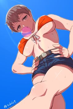 1girl bikini bikini_top_only blowing_bubble_gum blue_shorts blush breasts brown_eyes brown_hair chewing_gum from_below girls_und_panzer hands_on_own_hips large_breasts looking_at_viewer naomi_(girls_und_panzer) navel orange_bikini outdoors short_hair short_shorts shorts sky solo swimsuit takefu_jiin