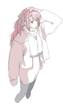 1girl arm_up black_pantyhose black_ribbon blue_eyes closed_mouth hair_ribbon highres jacket kamiina_botan kamiina_botan_yoeru_sugata_wa_yuri_no_hana long_hair pantyhose pink_hair pink_jacket pink_scarf pink_skirt ribbon scarf shijimi_(maido_ww) skirt solo two_side_up