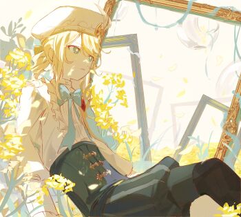 1boy androgynous argyle_clothes argyle_pantyhose beret bishounen black_corset black_pantyhose black_shorts blue_bow blue_bowtie blue_capelet blue_eyes bow bowtie brooch capelet corset cowboy_shot drill_hair drill_ponytail edgar_valden edgar_valden_(golden_ratio) flower frilled_shirt frills gem hair_bow half_capelet hat highres identity_v jewelry looking_ahead male_focus official_alternate_costume pantyhose pba_471 picture_frame puffy_shorts red_gemstone shirt shorts solo striped_clothes striped_shorts vertical-striped_clothes vertical-striped_shorts white_hat white_shirt yellow_bow yellow_flower yellow_pupils