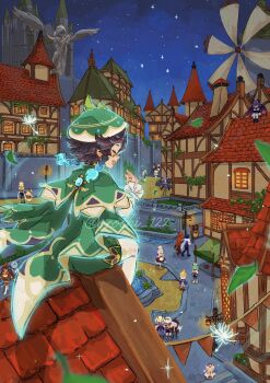 6+boys 6+girls albedo_(genshin_impact) amber_(genshin_impact) aqua_hair artist_name barbara_(genshin_impact) bennett_(genshin_impact) beret black_hair braid brown_corset building capelet corset dahlia_(genshin_impact) diluc_(genshin_impact) diona_(genshin_impact) eula_(genshin_impact) european_architecture fischl_(genshin_impact) genshin_impact gradient_hair green_capelet green_hat green_shorts hat highres jean_(genshin_impact) kaeya_(genshin_impact) klee_(genshin_impact) lisa_(genshin_impact) mika_(genshin_impact) mini_durin_(genshin_impact) mini_durin_(human)_(genshin_impact) mona_(genshin_impact) mondstadt_city multicolored_hair multiple_boys multiple_girls night noelle_(genshin_impact) on_roof oroshi_122 razor_(genshin_impact) rooftop rosaria_(genshin_impact) shirt short_hair shorts side_braids sitting_on_roof sky solo_focus statue sucrose_(genshin_impact) tile_roof twin_braids twitter_username venti_(genshin_impact) white_shirt windmill window_light