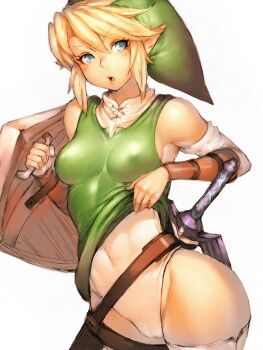 1girl bare_shoulders belt between_breasts blonde_hair blue_eyes breasts clothes_lift covered_erect_nipples covered_navel female_focus fumio_(rsqkr) genderswap genderswap_(mtf) groin hat hip_focus leotard link looking_at_viewer nintendo open_mouth parted_lips pointy_ears shield shirt_lift short_hair sideboob simple_background small_breasts solo strap_between_breasts sword the_legend_of_zelda thighhighs thighs upper_body weapon white_background white_thighhighs wide_hips