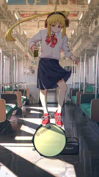 1girl ahoge amplifier balancing black_skirt blonde_hair blurry blurry_background bocchi_the_rock! bow bowtie cable can collared_shirt dancing expressionless floating_hair hand_grip headphones highres holding holding_can ijichi_nijika index_finger_raised jl_tan long_hair long_sleeves loose_bowtie marshall parted_bangs pleated_skirt red_bow red_bowtie red_eyes reflective_floor seat shirt shirt_tucked_in shoes side_ponytail skirt sneakers socks solo standing_on_object sunlight train_interior white_shirt white_socks window yamaha