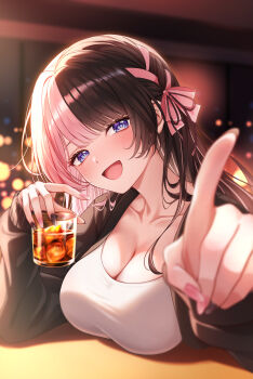 Rule 34 | 1girl, absurdres, alcohol, black hair, black jacket, black nails, blue eyes, blunt bangs, blurry, blush, breasts, cleavage, collarbone, commentary request, cup, depth of field, drinking glass, fingernails, glint, hair ribbon, hand up, head tilt, highres, holding, holding cup, ice, ice cube, index finger raised, indoors, jacket, large breasts, lens flare, long fingernails, long hair, long sleeves, looking at viewer, multicolored hair, nail polish, open mouth, pink hair, pink nails, pink ribbon, pointing, pointing at viewer, ribbon, sasamisable, shirt, sidelighting, sidelocks, sleeves past wrists, smile, solo, split-color hair, table, tachibana hinano, very long hair, virtual youtuber, vspo!, white shirt, window