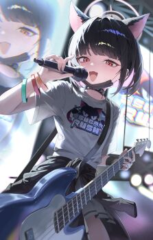 Rule 34 | 1girl, :d, absurdres, animal ears, animal print, backlighting, black hair, blue archive, blunt bangs, blunt ends, blush, bob cut, bracelet, cat ears, cat girl, cat print, clothes around waist, colored inner animal ears, colored inner hair, commentary request, concert, cowboy shot, daengj, earclip, extra ears, fang, glint, guitar, hair intakes, halo, hand up, highres, holding, holding guitar, holding instrument, holding microphone, instrument, jewelry, kazusa (band) (blue archive), kazusa (blue archive), looking at viewer, mask, mask pull, microphone, miniskirt, mouth mask, multicolored hair, multiple bracelets, official alternate costume, open mouth, pink hair, pink halo, pleated skirt, print shirt, red eyes, shirt, short hair, short sleeves, skin fang, skirt, slit pupils, smile, solo, t-shirt, tsurime, two-tone hair, white shirt, white skirt