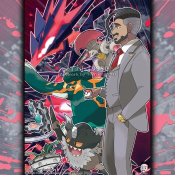 1boy arm_up artist_name beard black_eyes black_hair bright_pupils character_name claws closed_mouth collared_shirt commentary company_name copperajah copyright_notice dark-skinned_male dark_skin earrings english_commentary escavalier eternatus eternatus_(normal) eyelashes facial_hair ferrothorn formal_clothes from_side gears gen_5_pokemon gen_8_pokemon green_eyes grey_jacket grey_pants grey_suit hand_in_pocket highres horns instagram_username jacket jewelry klinklang legendary_pokemon long_sleeves male_focus merchandise_available mustache necktie nintendo official_style open_clothes open_jacket open_mouth outline pants perrserker pokemon pokemon_(creature) pokemon_swsh red_necktie rose_(pokemon) sharp_teeth shirt short_hair smile spikes suit suit_jacket teeth tie_clip tom_higgins undercut watch watermark white_outline white_pupils white_shirt wristwatch