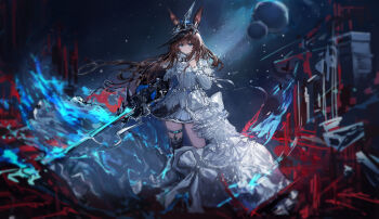 1girl absurdres amiya_(arknights) amiya_(guard)_(arknights) amiya_(guard)_(in_a_myriad_of_universes)_(arknights) animal_ears arknights black_gloves black_hat black_skirt blue_eyes bow brown_hair chinese_commentary closed_mouth commentary_request dress floating_hair full_body gloves glowing glowing_sword glowing_weapon hand_up hat highres holding holding_sword holding_weapon jewelry laoshi_wo_hao_e long_hair long_sleeves looking_at_viewer miniskirt multiple_rings night night_sky rabbit_ears rabbit_girl ring single_glove skirt sky solo standing sword weapon white_bow white_dress