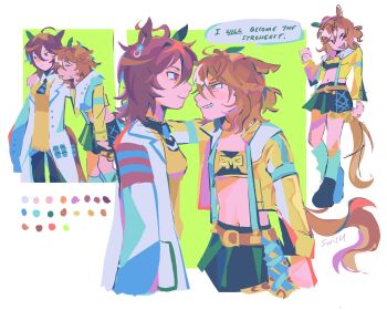 2girls agnes_tachyon_(tach-nology)_(umamusume) agnes_tachyon_(umamusume) ahoge animal_ears aqua_leg_warmers arm_around_neck belt belt_buckle black_boots black_necktie black_pants black_shirt black_skirt boots brown_belt brown_hair buckle clenched_hands clenched_teeth collared_shirt color_guide colored_petticoat commentary crop_top cropped_jacket cross-laced_clothes cross-laced_skirt ear_ornament ears_down english_commentary english_text expressionless eye_contact flshfish furrowed_brow gold_buckle green_background hair_between_eyes happy head_on_another&#039;s_shoulder highres horse_ears horse_girl horse_tail jacket jungle_pocket_(champion&#039;s_battle_cry)_(umamusume) jungle_pocket_(umamusume) kabedon lab_coat lapels leg_warmers light_blush long_hair_between_eyes long_sleeves looking_at_another medium_hair messy_hair midriff miniskirt multicolored_hair multiple_girls multiple_views navel necktie notched_ear notched_lapels pants pleated_skirt pocket ponytail shirt shirt_under_sweater short_ponytail signature skirt sleeve_cuffs sleeves_past_fingers sleeves_past_wrists speech_bubble streaked_hair striped_necktie suspender_skirt suspenders sweater tail teeth two-tone_background two-tone_necktie two-tone_shirt umamusume umamusume:_beginning_of_a_new_era white_background white_shirt yellow_jacket yellow_shirt yellow_sweater yuri