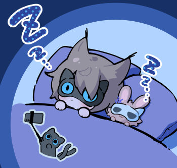 Rule 34 | 1boy, animal, animal ears, arknights, black cat, blue eyes, brown hair, cat, cellphone, chibi, grey outline, hair over one eye, hands up, highres, lying, myluche, on back, outline, phantom (arknights), phone, pillow, rabbit, selfie stick, sleep mask, sleeping, tragodia (arknights), under covers, zzz