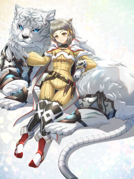 1girl animal_ear_fluff animal_ears blue_eyes cat cat_ears cat_girl chiga_akira closed_mouth commentary_request dromarch_(xenoblade) gloves grey_hair highres jumpsuit nia_(xenoblade) smile snout tail white_fur white_gloves xenoblade_chronicles_(series) xenoblade_chronicles_2 yellow_eyes yellow_jumpsuit