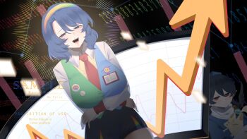 Rule 34 | 2girls, absurdres, black hair, black skirt, blue dress, blue shirt, breasts, collared shirt, dress, fangs, green shirt, hair between eyes, hat, highres, iizunamaru megumu, large breasts, long sleeves, multicolored shirt, multiple girls, necktie, no noru, open mouth, pointy ears, rainbow gradient, rainbow hairband, red eyes, red necktie, shirt, skirt, smile, stock market, tenkyuu chimata, tokin hat, touhou, white shirt, yellow shirt