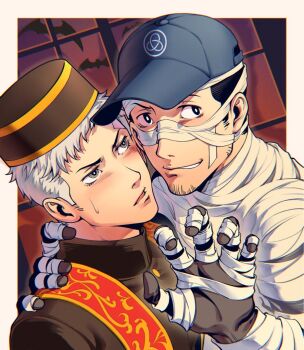 Rule 34 | 2boys, baseball cap, bat (animal), black hair, black jacket, blue hat, border, bright pupils, brown hat, claw pose, commentary, eyelashes, facial hair, goatee stubble, grey eyes, grey hair, grin, halloween costume, hand on another's shoulder, hat, iori junpei, jacket, male focus, multiple boys, mummy costume, oldkin, persona, persona 3, sanada akihiko, short hair, sideburns, smile, stubble, symbol-only commentary, white border, white pupils, window